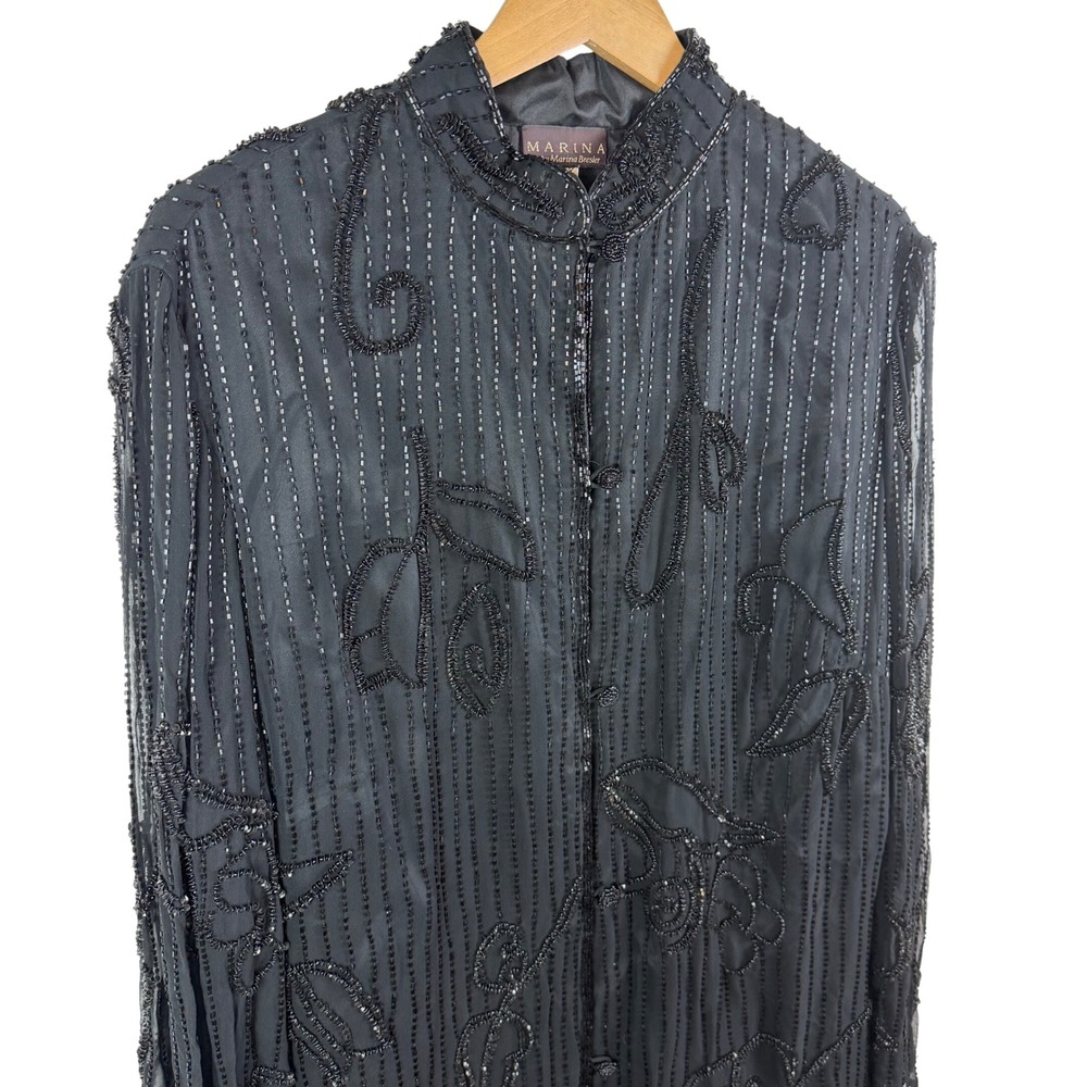 Marina‎ VTG Black Beaded Silk Jacket Size 1X Sheer Y2K Formal Evening Elegant